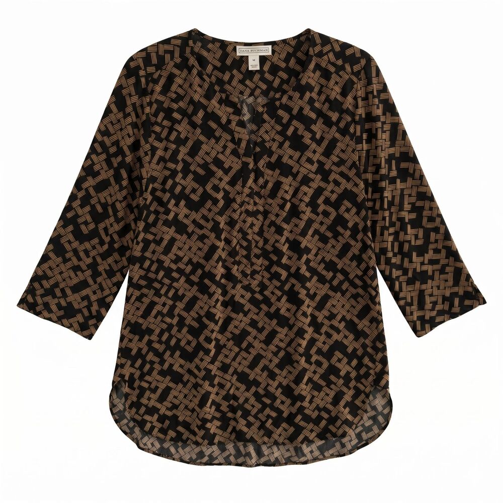 Dana Buchman Women’s Top Blouse 3\4 Sleeve Pullover Size M Black Brown Geo-Print